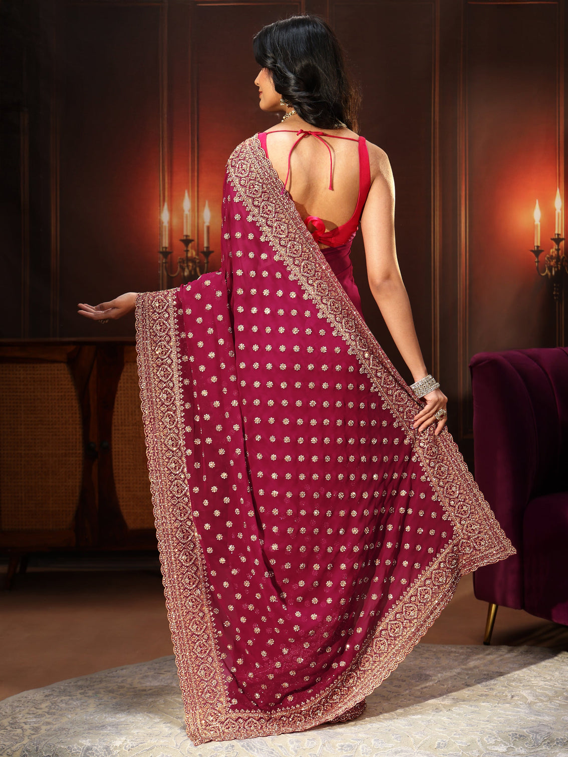 Mameraa Art Magenta Pink Embellished Georgette Saree