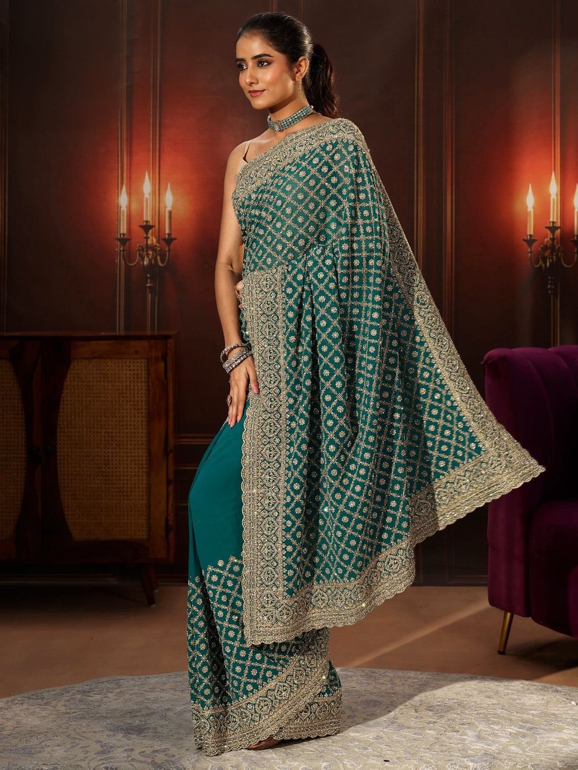 Mameraa Art Teal Green Embellished Georgette Saree