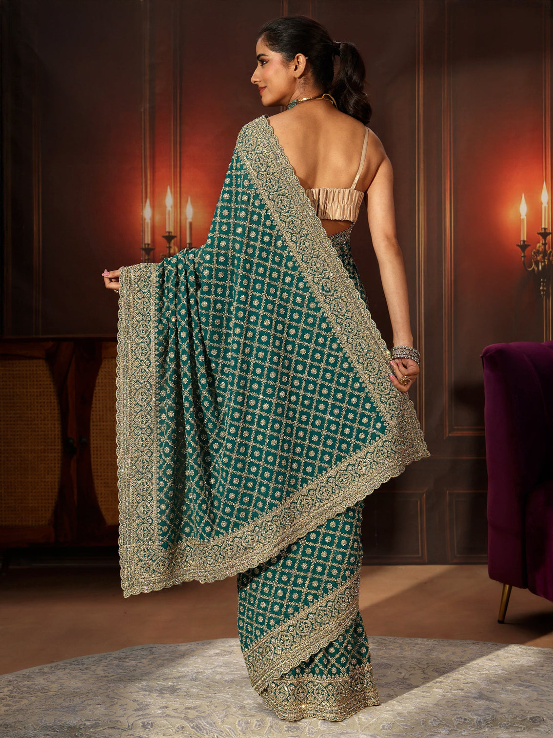 Mameraa Art Teal Green Embellished Georgette Saree