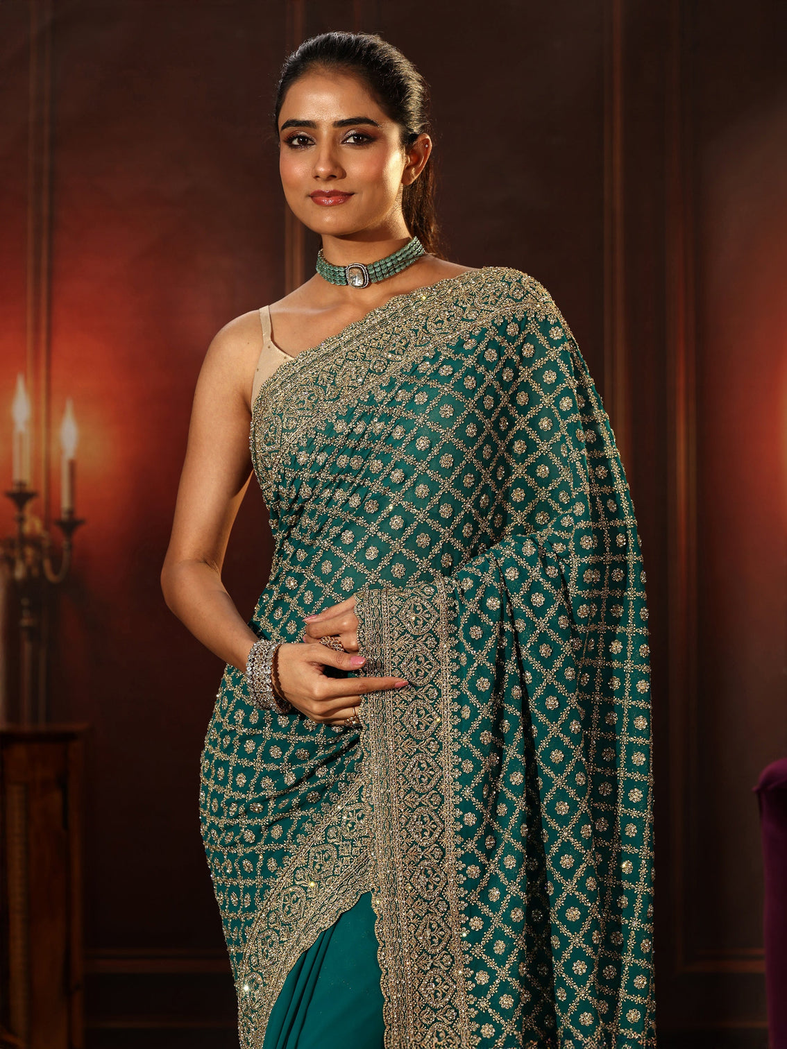 Mameraa Art Teal Green Embellished Georgette Saree