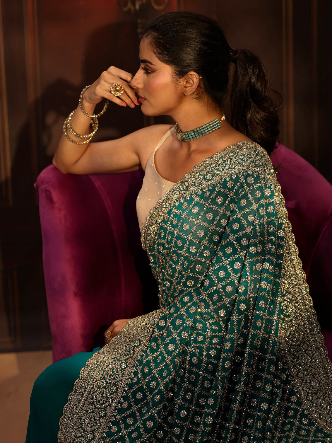 Mameraa Art Teal Green Embellished Georgette Saree