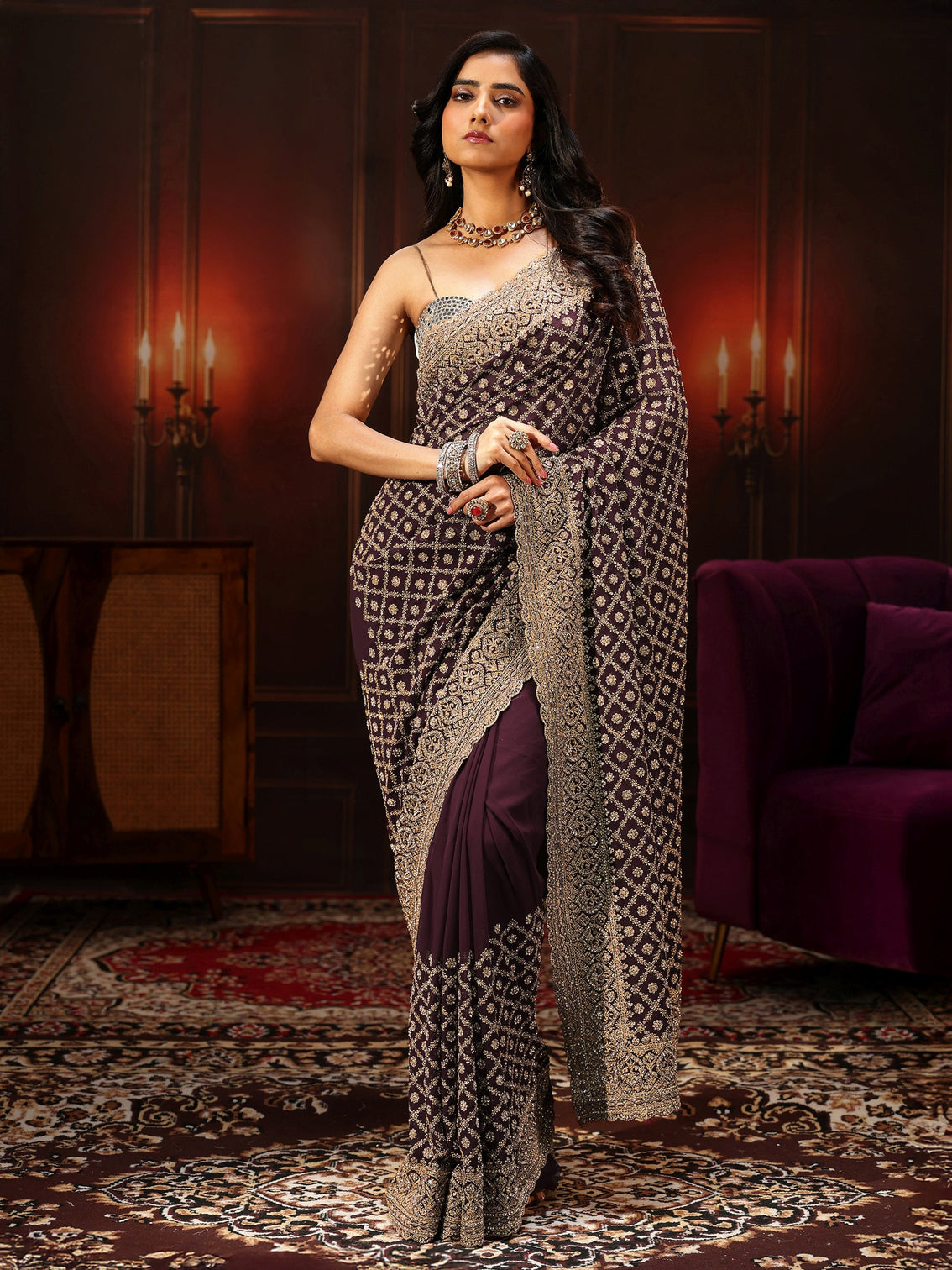 Mameraa Art Maroon Embellished Georgette Saree