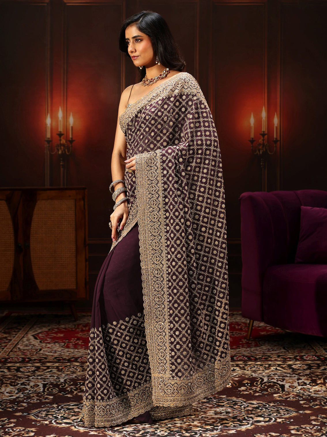 Mameraa Art Maroon Embellished Georgette Saree