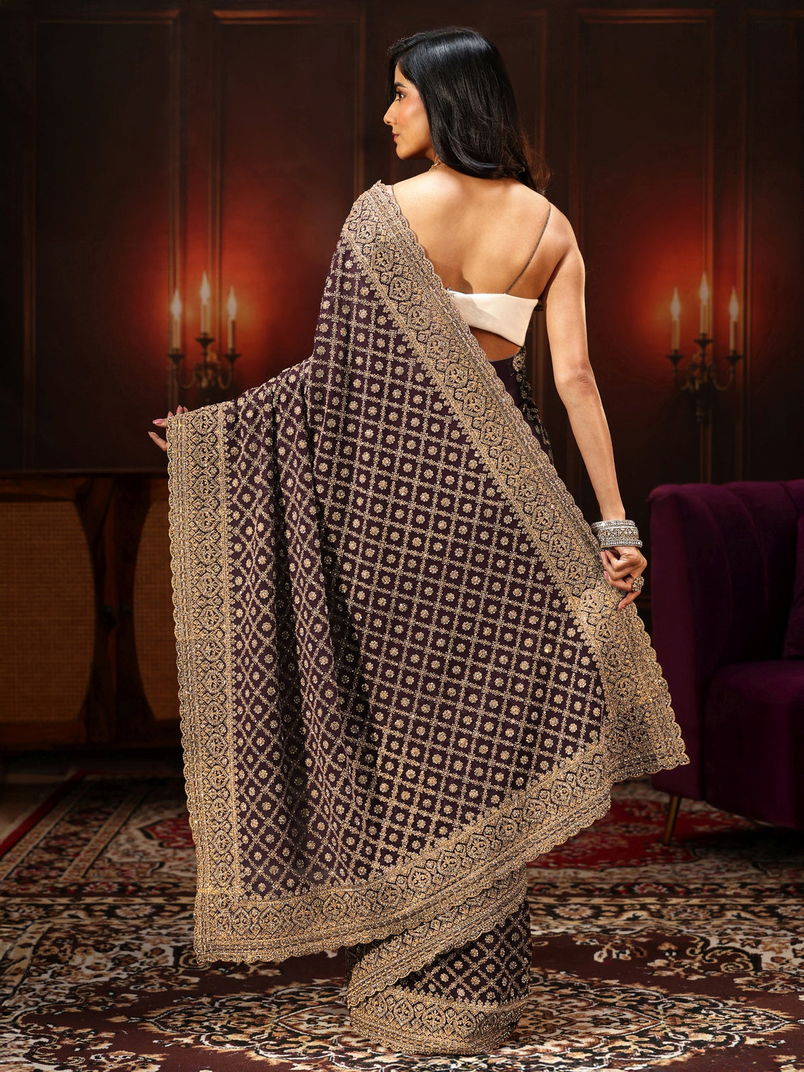 Mameraa Art Maroon Embellished Georgette Saree