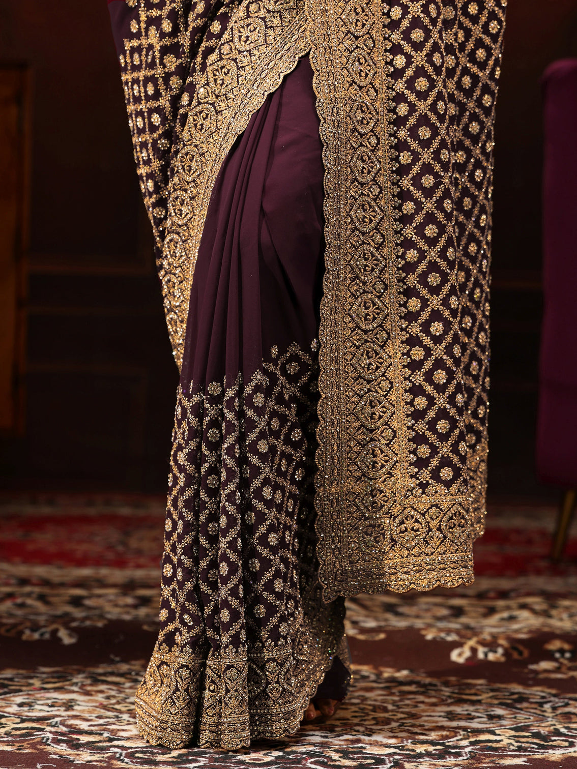 Mameraa Art Maroon Embellished Georgette Saree