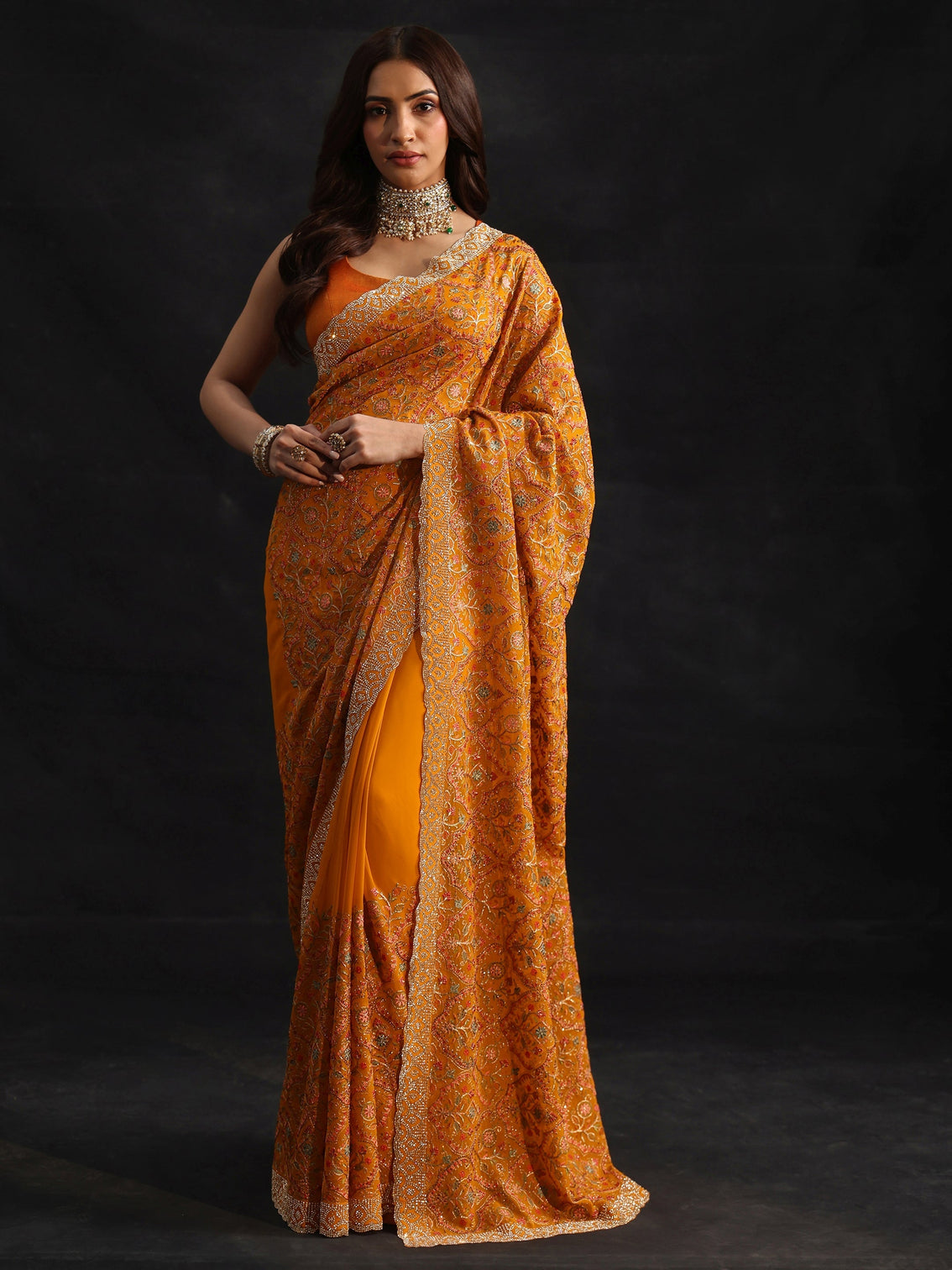 Mameraa Art Mustard Floral Embellished Georgette Saree