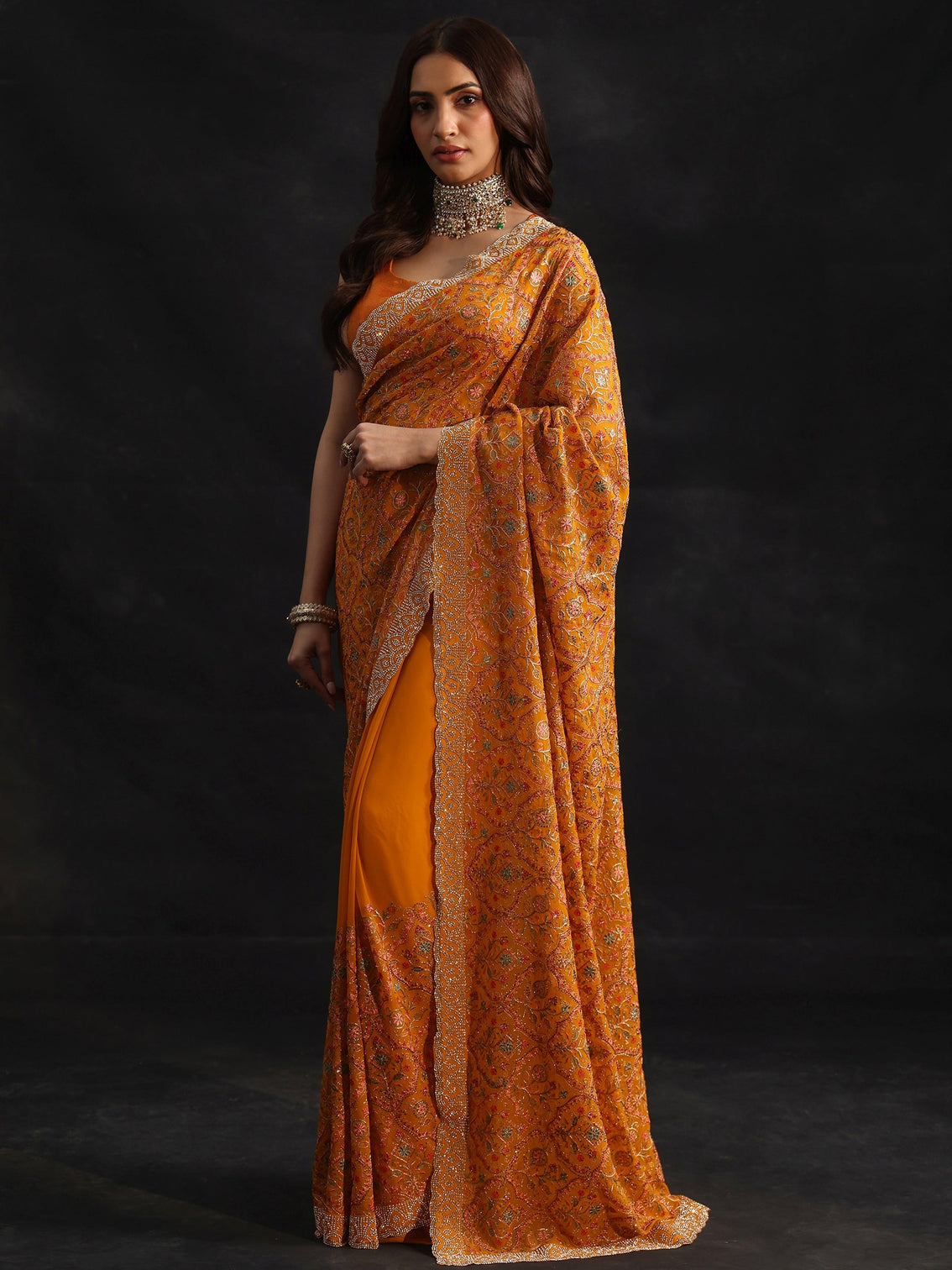 Mameraa Art Mustard Floral Embellished Georgette Saree