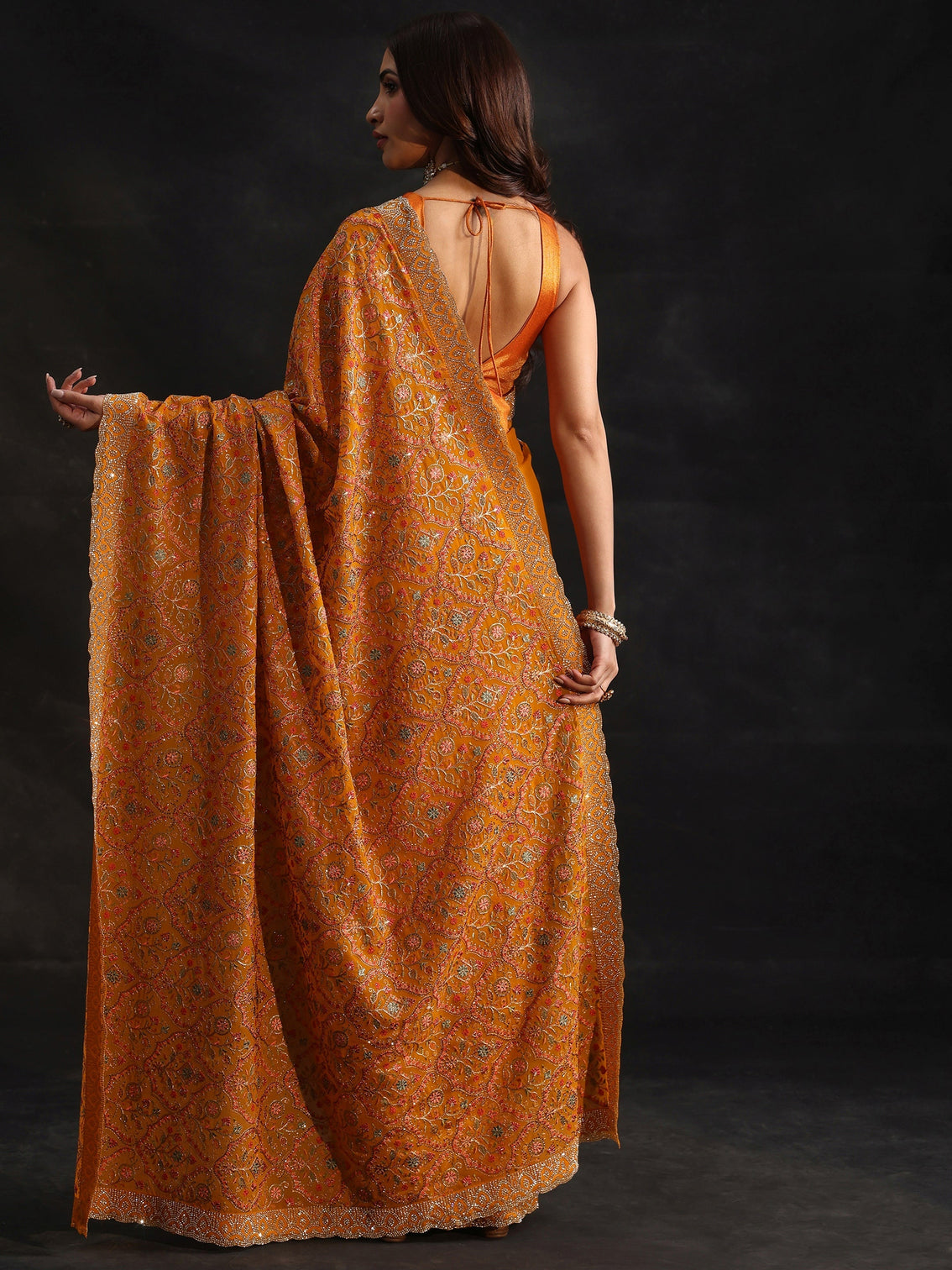 Mameraa Art Mustard Floral Embellished Georgette Saree