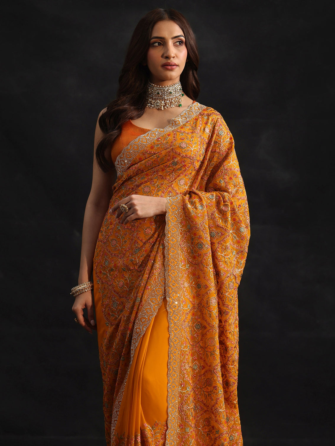 Mameraa Art Mustard Floral Embellished Georgette Saree