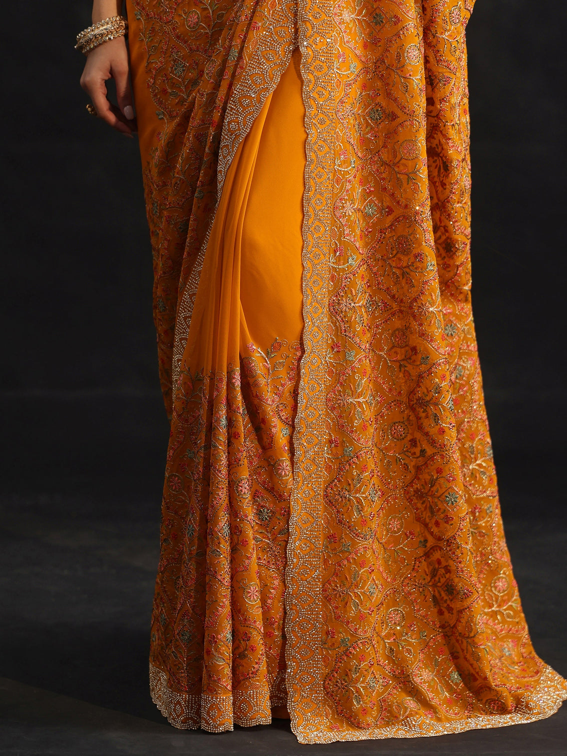 Mameraa Art Mustard Floral Embellished Georgette Saree