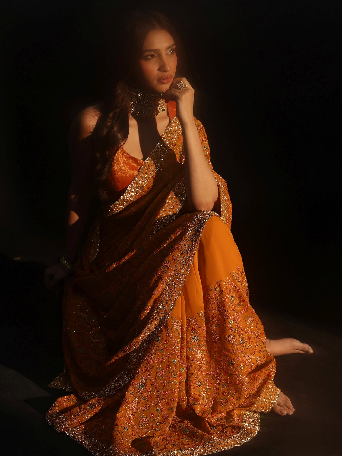 Mameraa Art Mustard Floral Embellished Georgette Saree