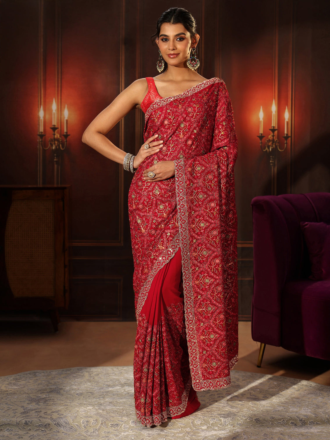 Mameraa Art Crimson Red Floral Embroidered Georgette Saree
