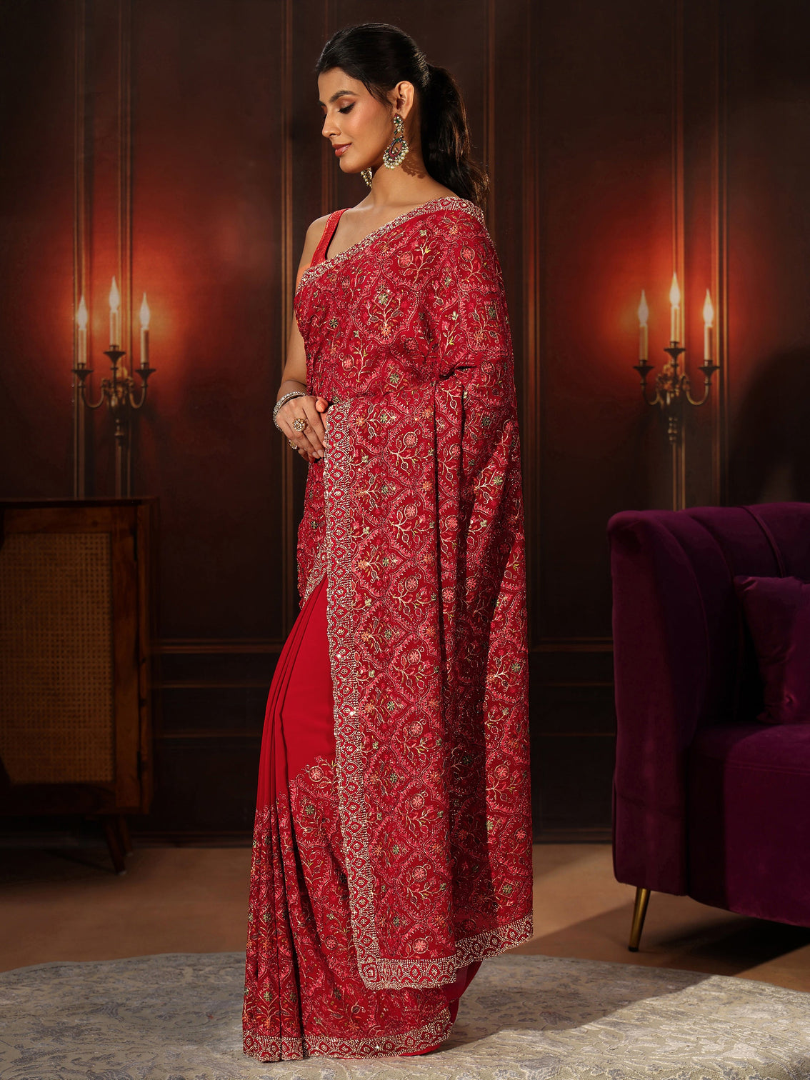 Mameraa Art Crimson Red Floral Embroidered Georgette Saree