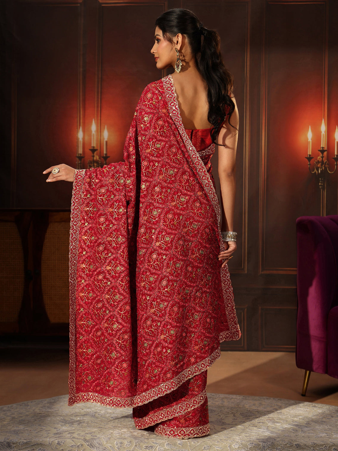Mameraa Art Crimson Red Floral Embroidered Georgette Saree