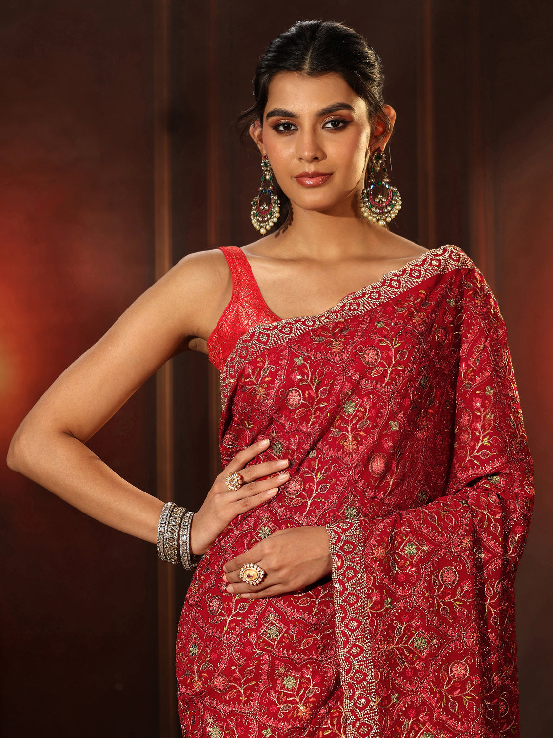 Mameraa Art Crimson Red Floral Embroidered Georgette Saree