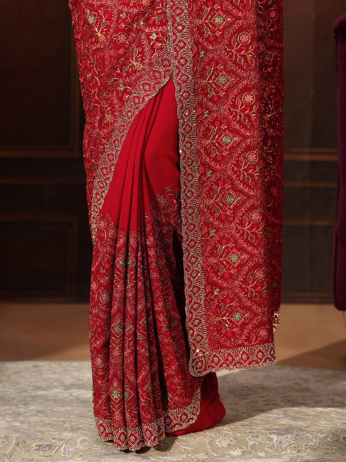 Mameraa Art Crimson Red Floral Embroidered Georgette Saree