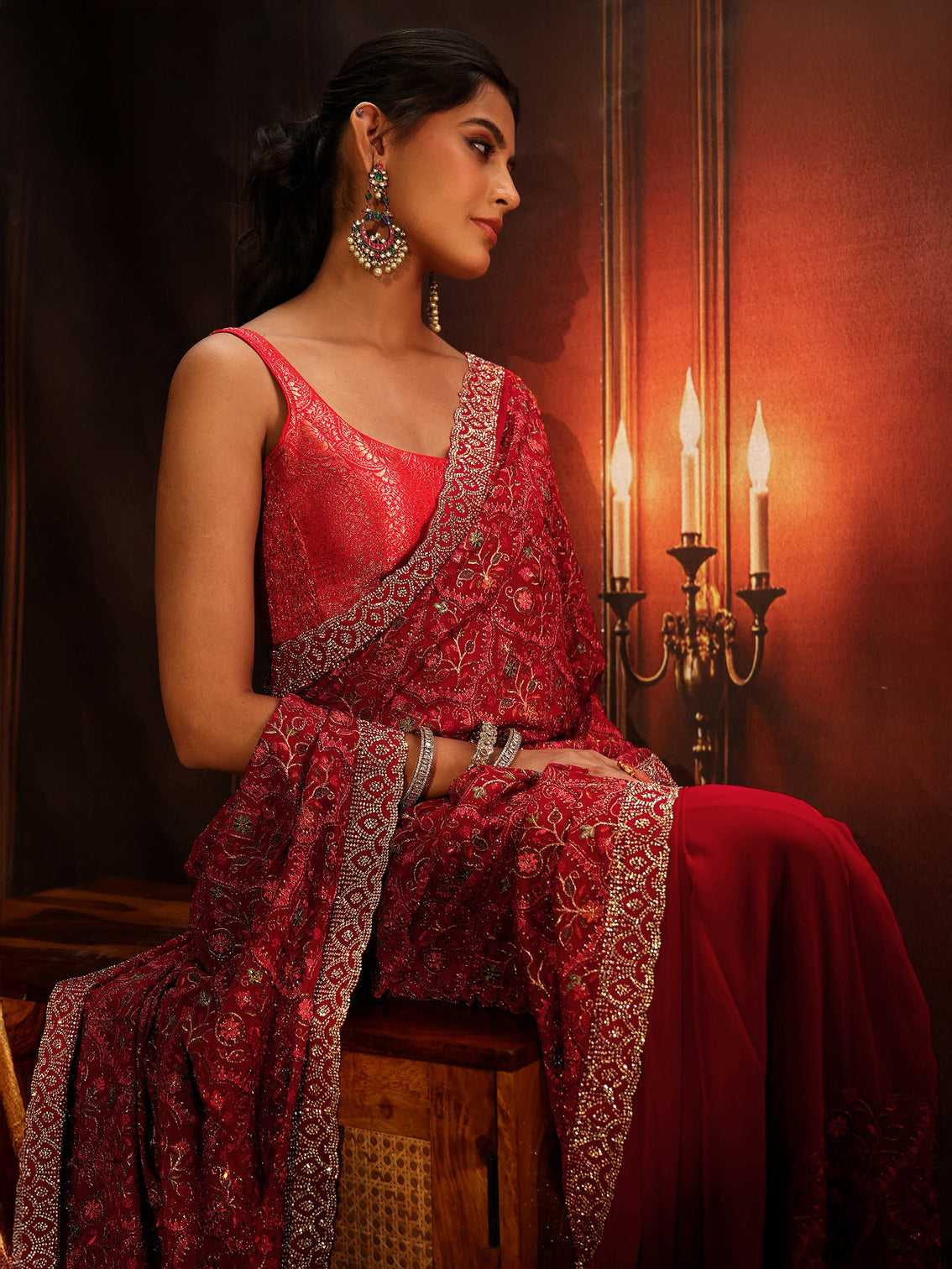 Mameraa Art Crimson Red Floral Embroidered Georgette Saree