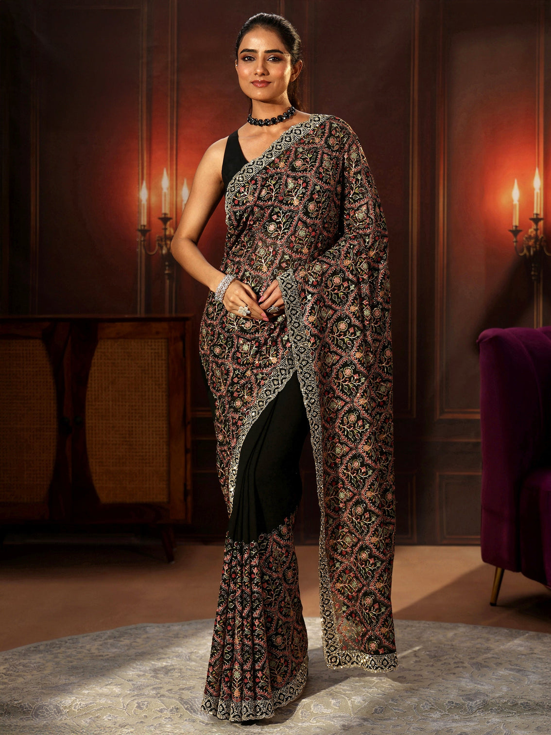 Mameraa Art Black Floral Embroidered Georgette Saree