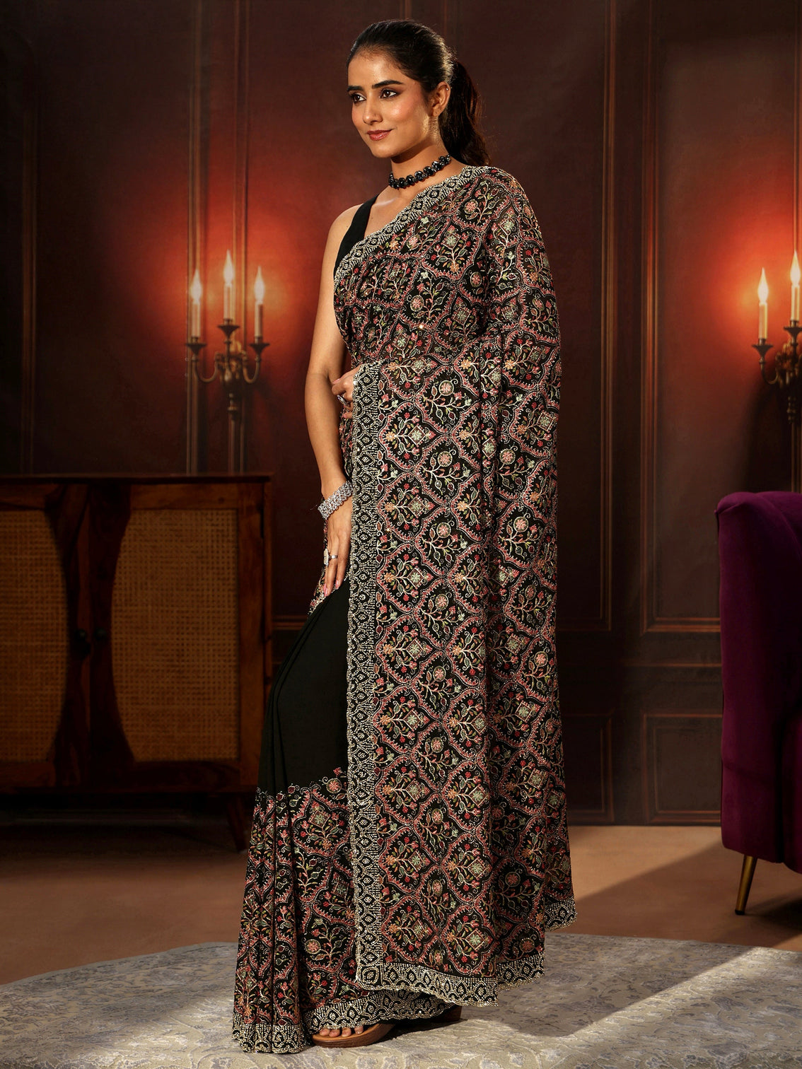 Mameraa Art Black Floral Embroidered Georgette Saree