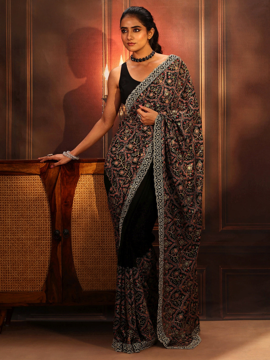 Mameraa Art Black Floral Embroidered Georgette Saree