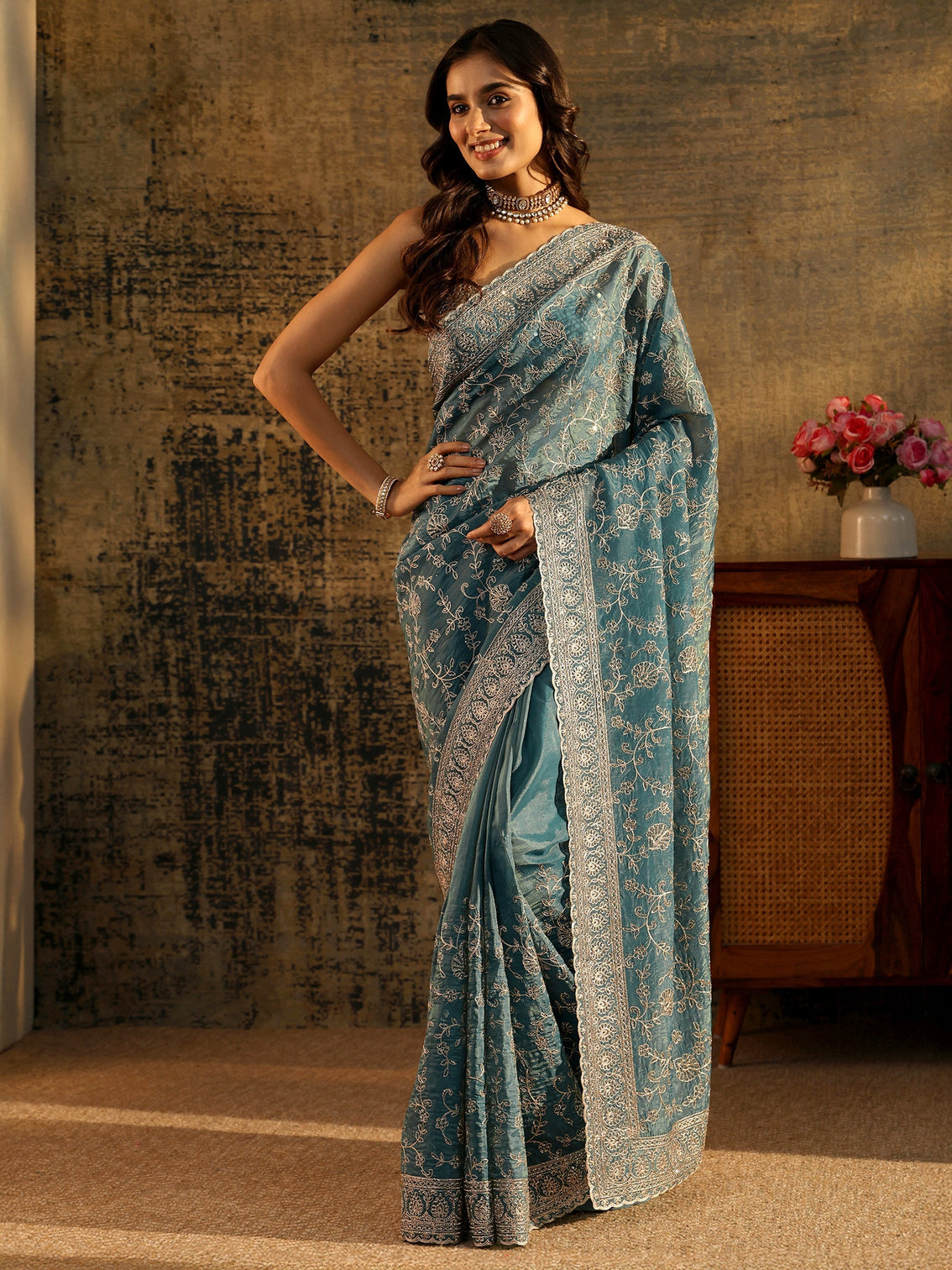 Mameraa Art Dusty Blue Floral Embroidered Satin Saree
