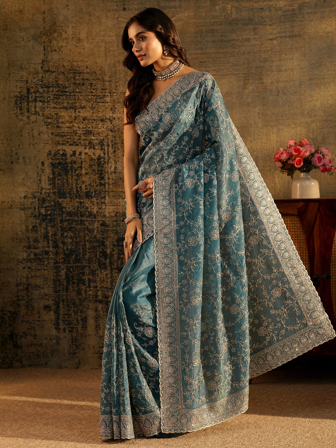Mameraa Art Dusty Blue Floral Embroidered Satin Saree