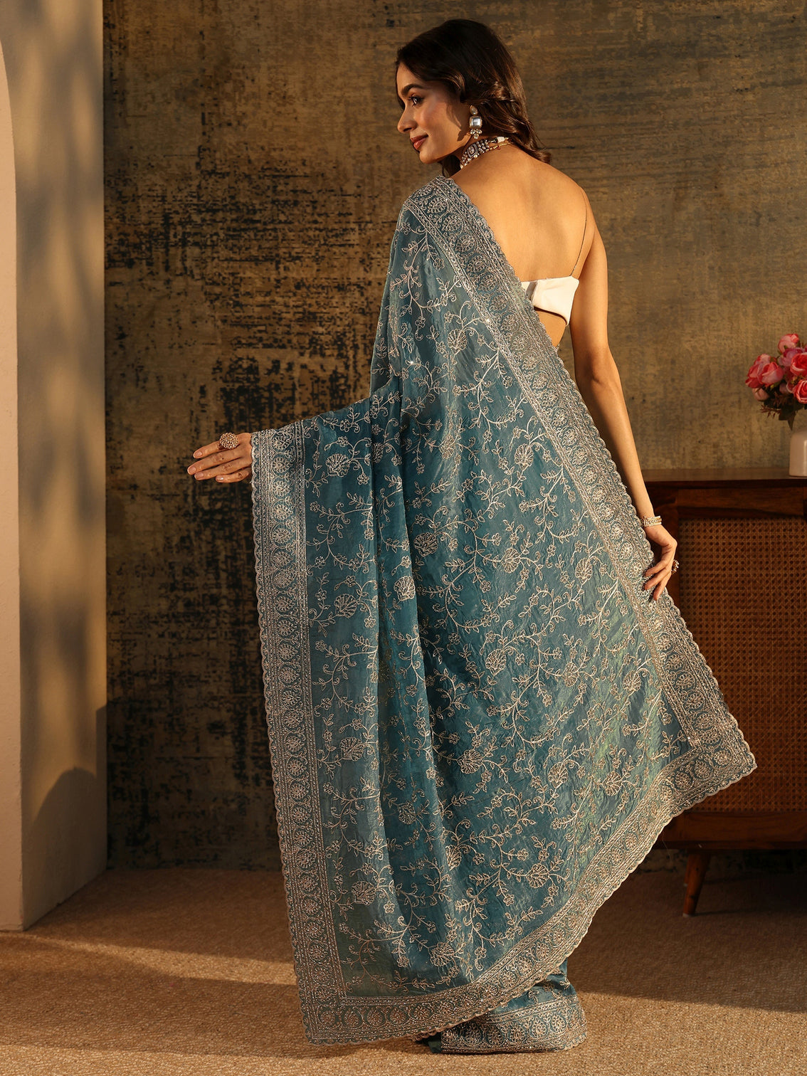 Mameraa Art Dusty Blue Floral Embroidered Satin Saree