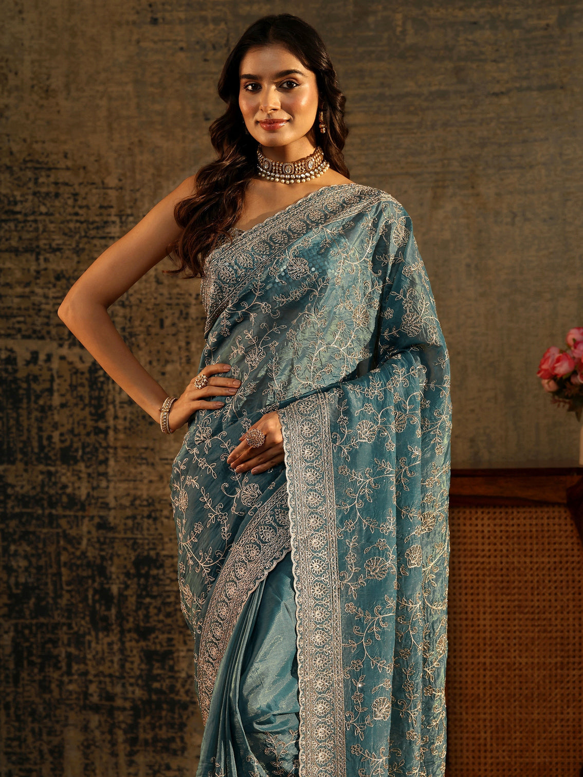 Mameraa Art Dusty Blue Floral Embroidered Satin Saree