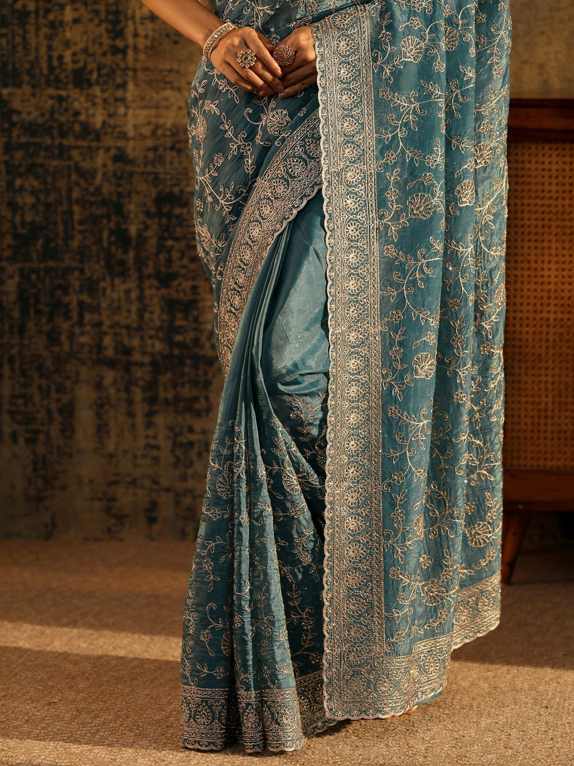Mameraa Art Dusty Blue Floral Embroidered Satin Saree
