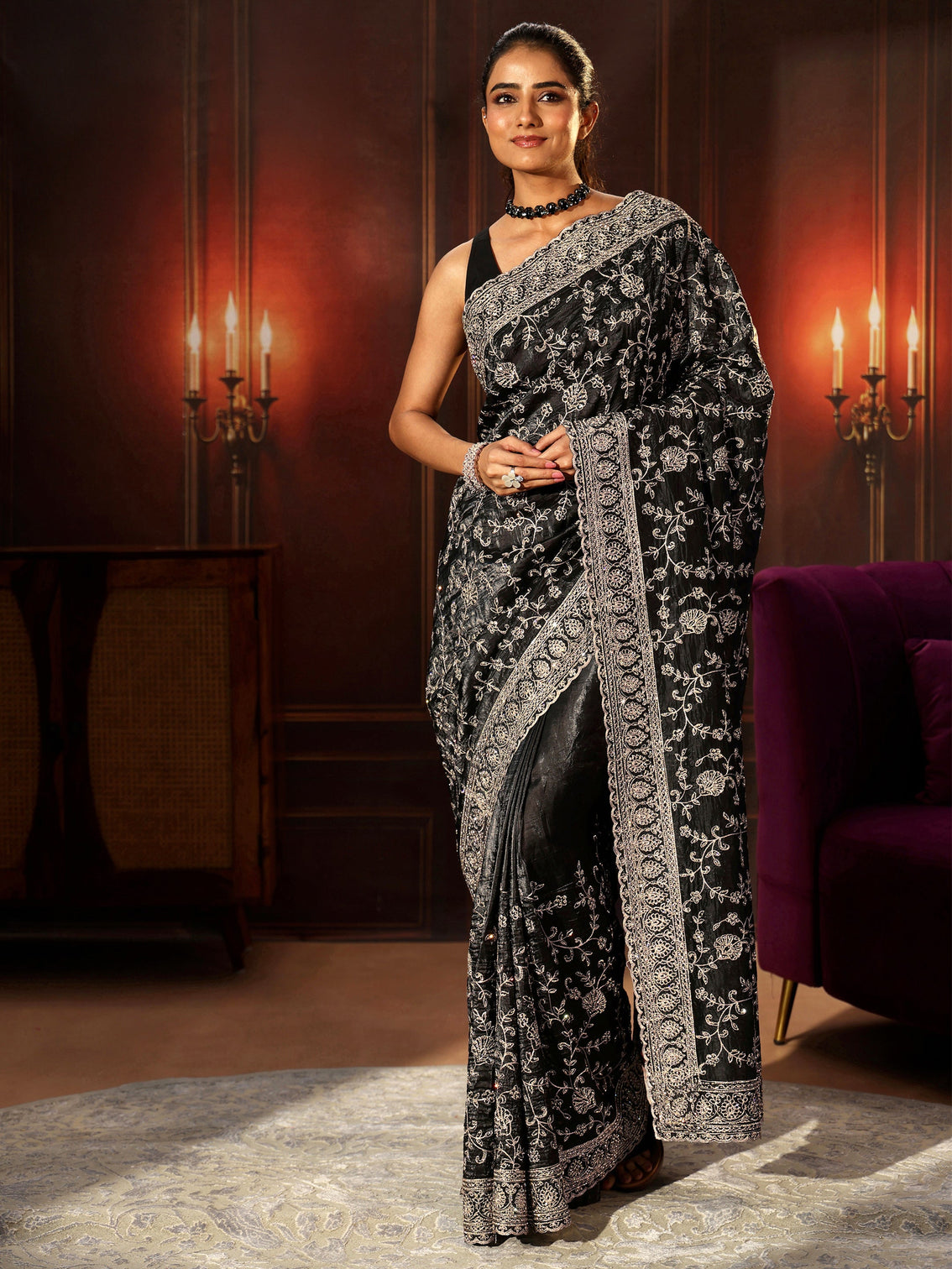 Mameraa Art Black Floral Embroidered Satin Saree