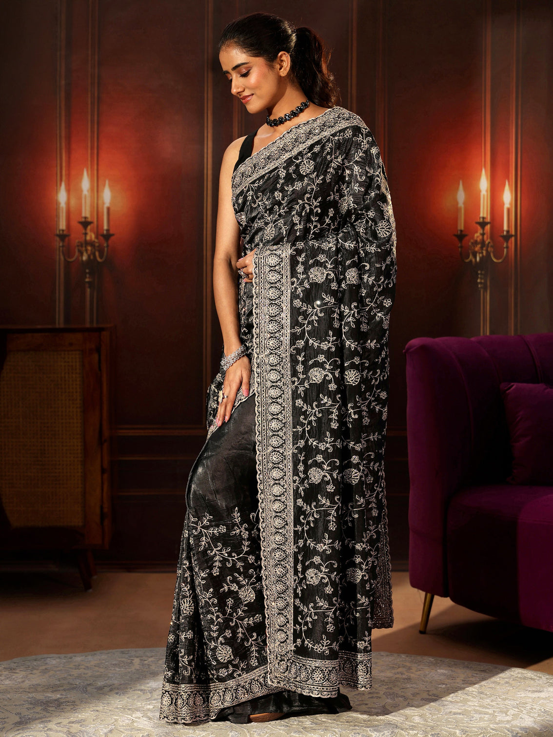 Mameraa Art Black Floral Embroidered Satin Saree