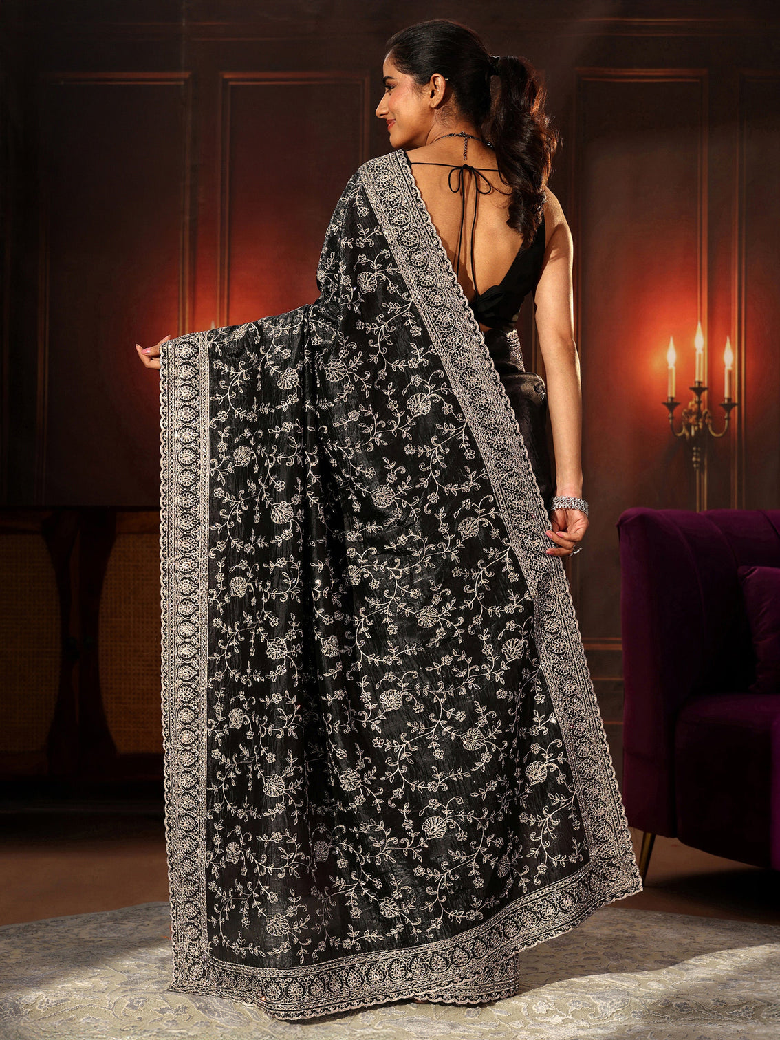 Mameraa Art Black Floral Embroidered Satin Saree