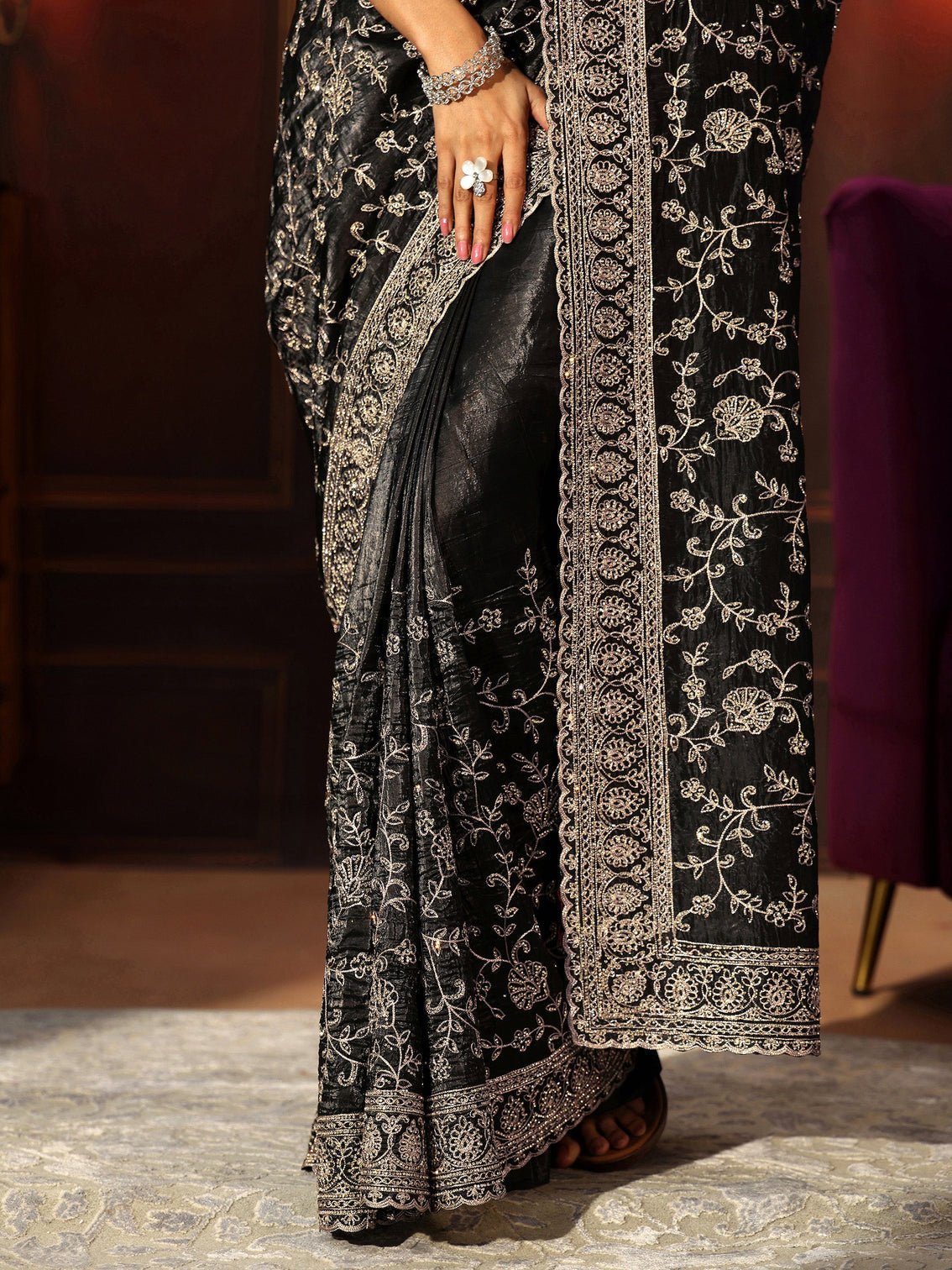 Mameraa Art Black Floral Embroidered Satin Saree