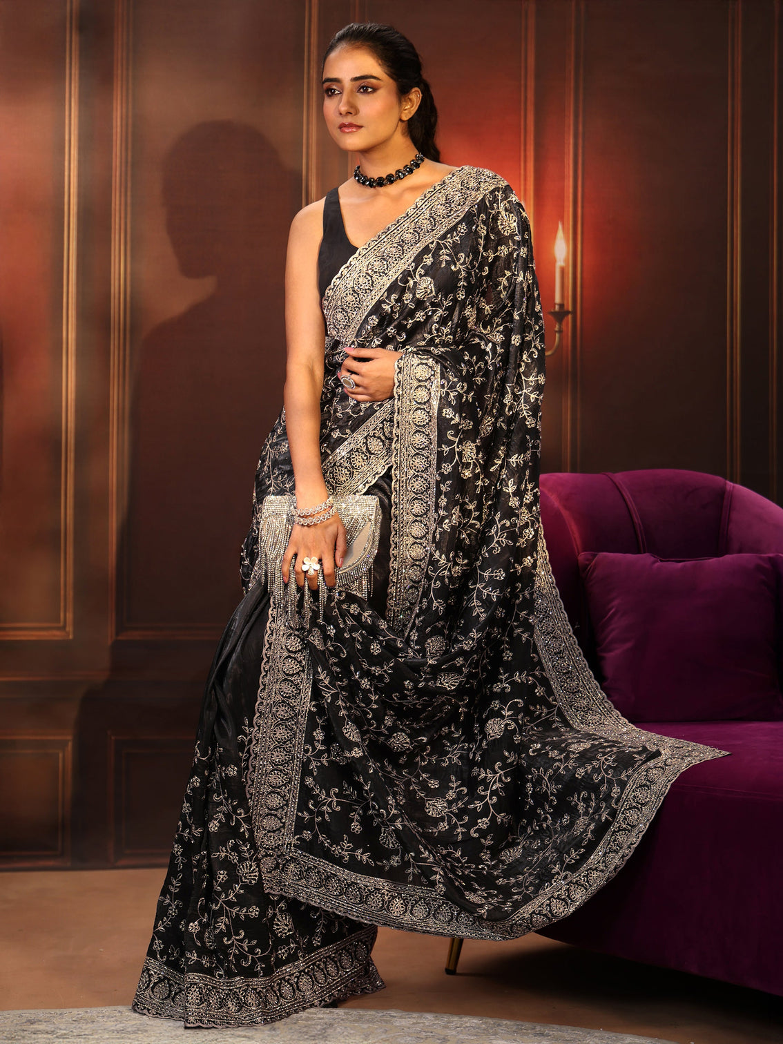 Mameraa Art Black Floral Embroidered Satin Saree