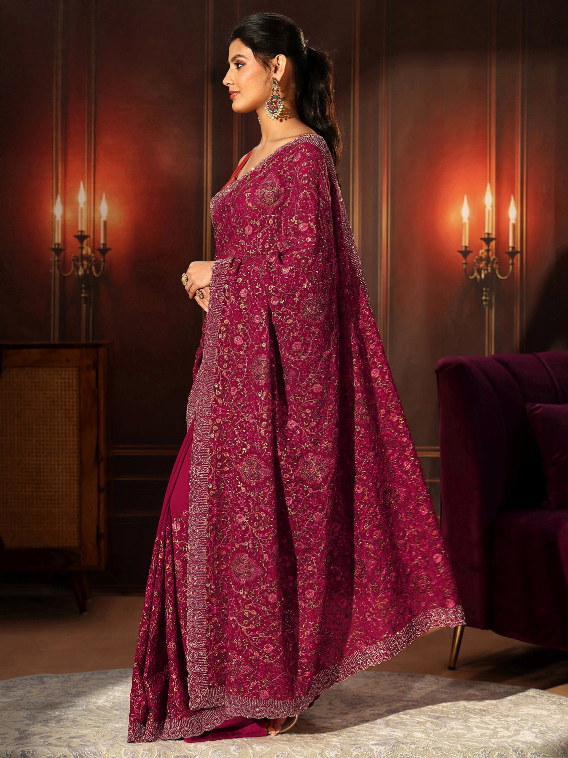 Mameraa Art Magenta Pink Floral Embroidered Georgette Saree