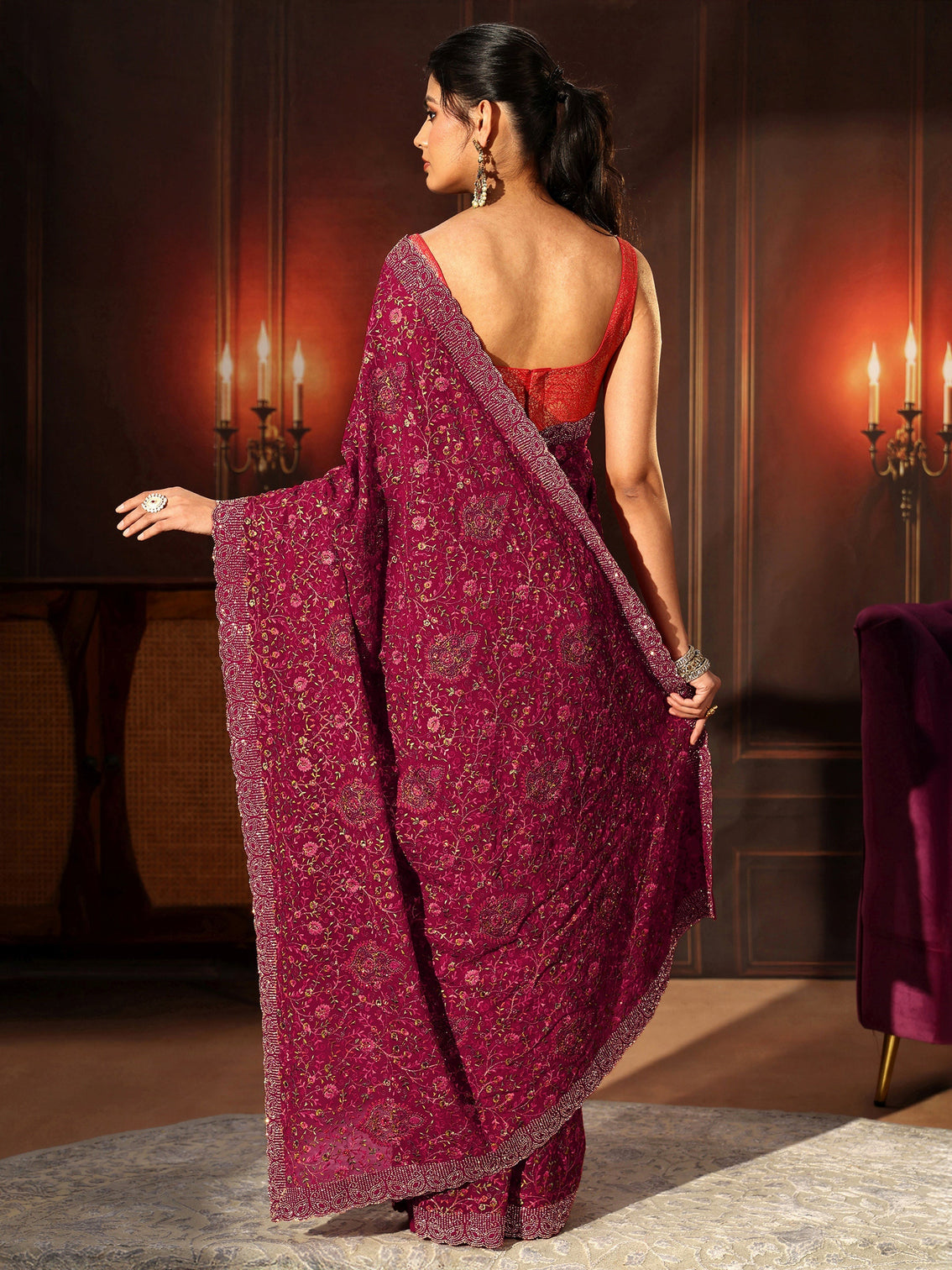 Mameraa Art Magenta Pink Floral Embroidered Georgette Saree