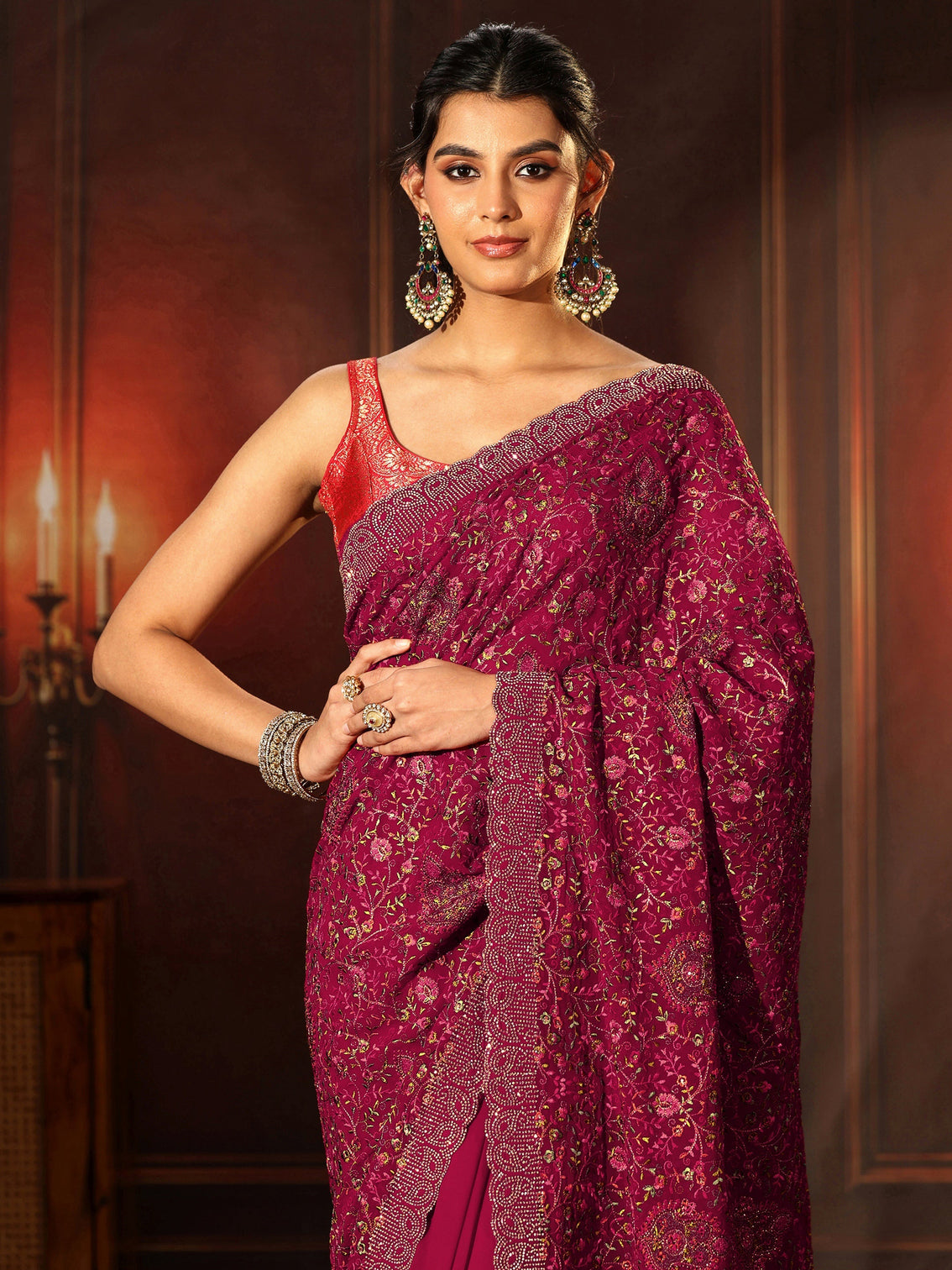 Mameraa Art Magenta Pink Floral Embroidered Georgette Saree