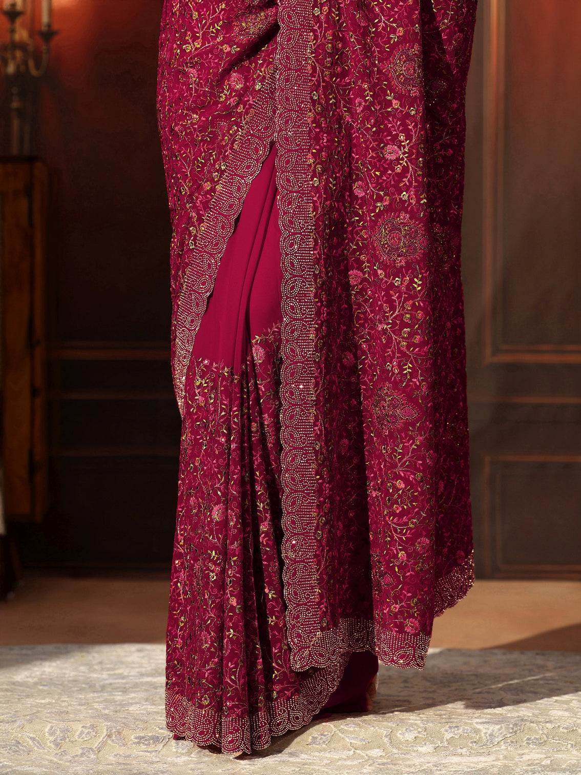 Mameraa Art Magenta Pink Floral Embroidered Georgette Saree