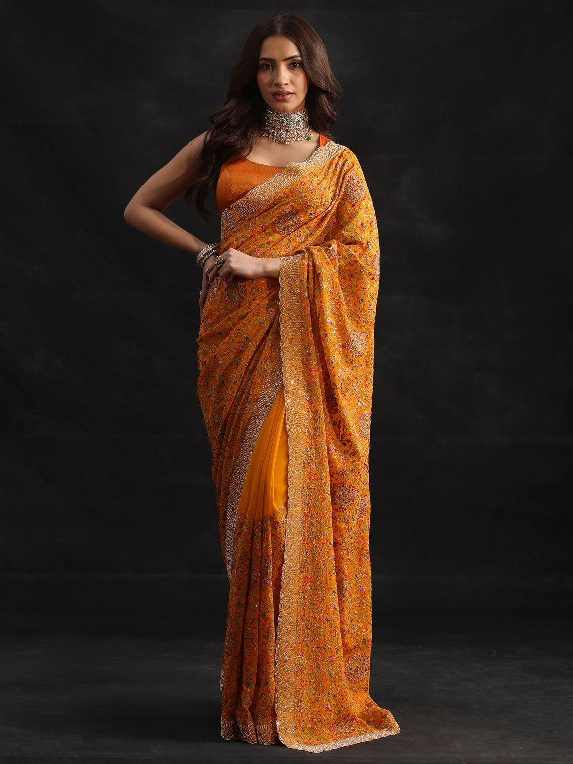 Mameraa Art Mustard Floral Embellished Georgette Saree