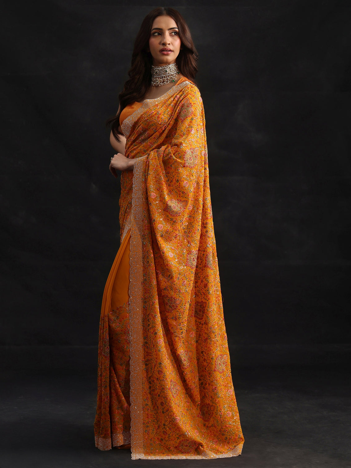 Mameraa Art Mustard Floral Embellished Georgette Saree