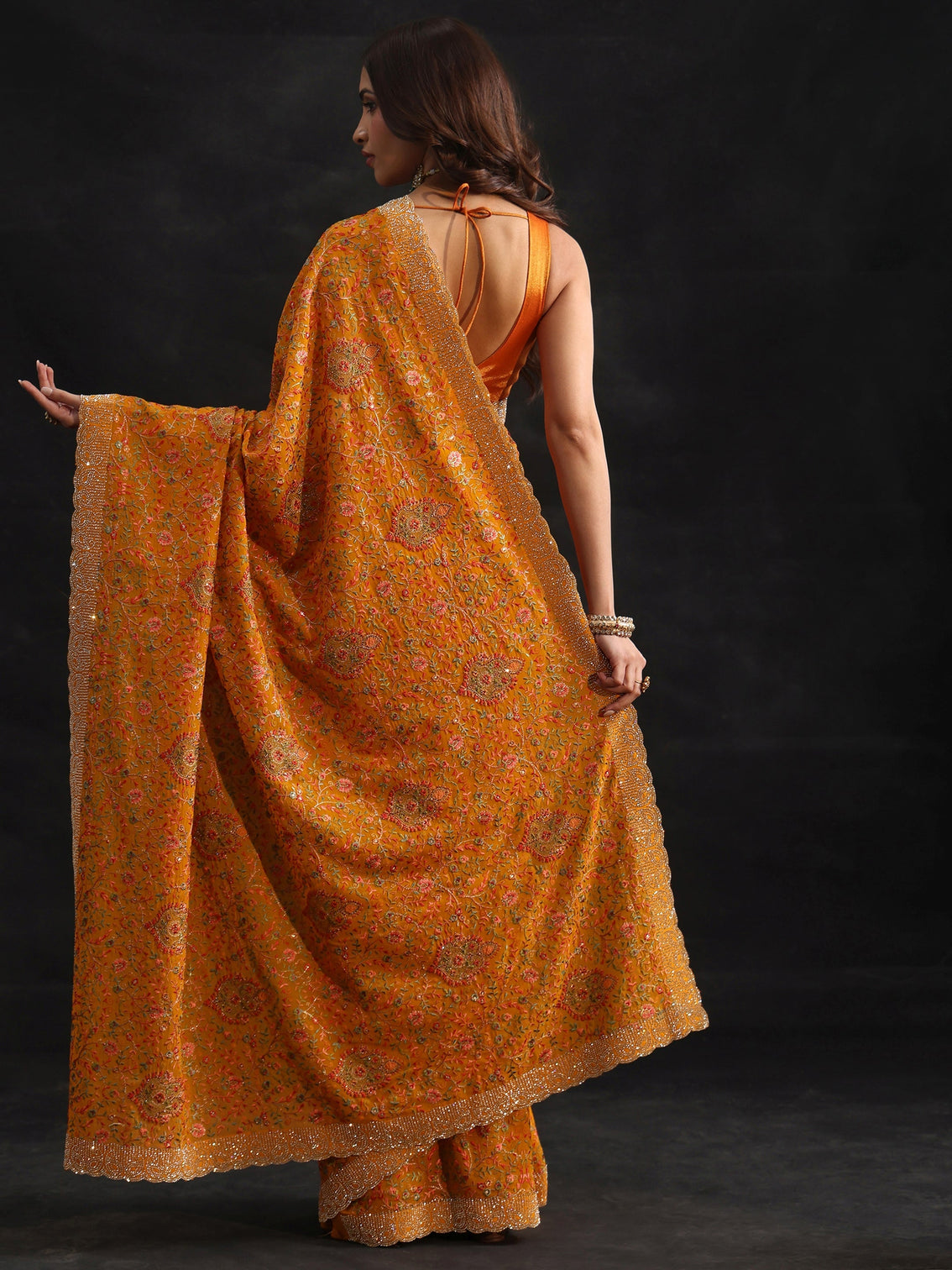 Mameraa Art Mustard Floral Embellished Georgette Saree