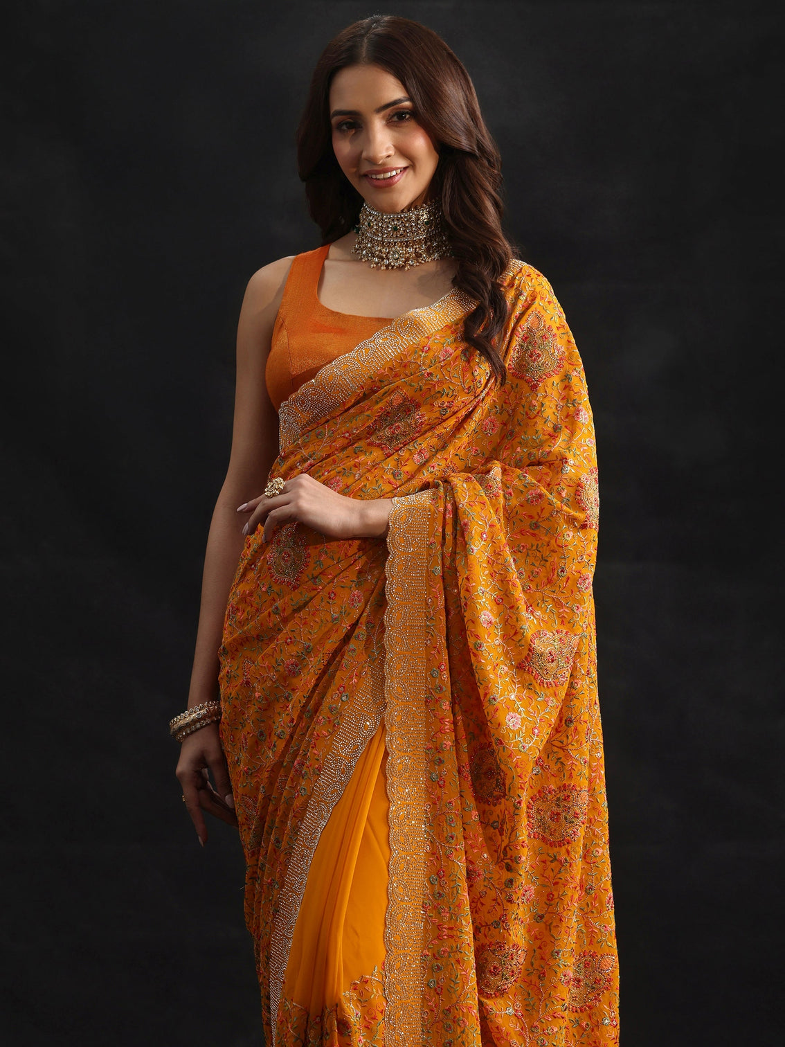 Mameraa Art Mustard Floral Embellished Georgette Saree