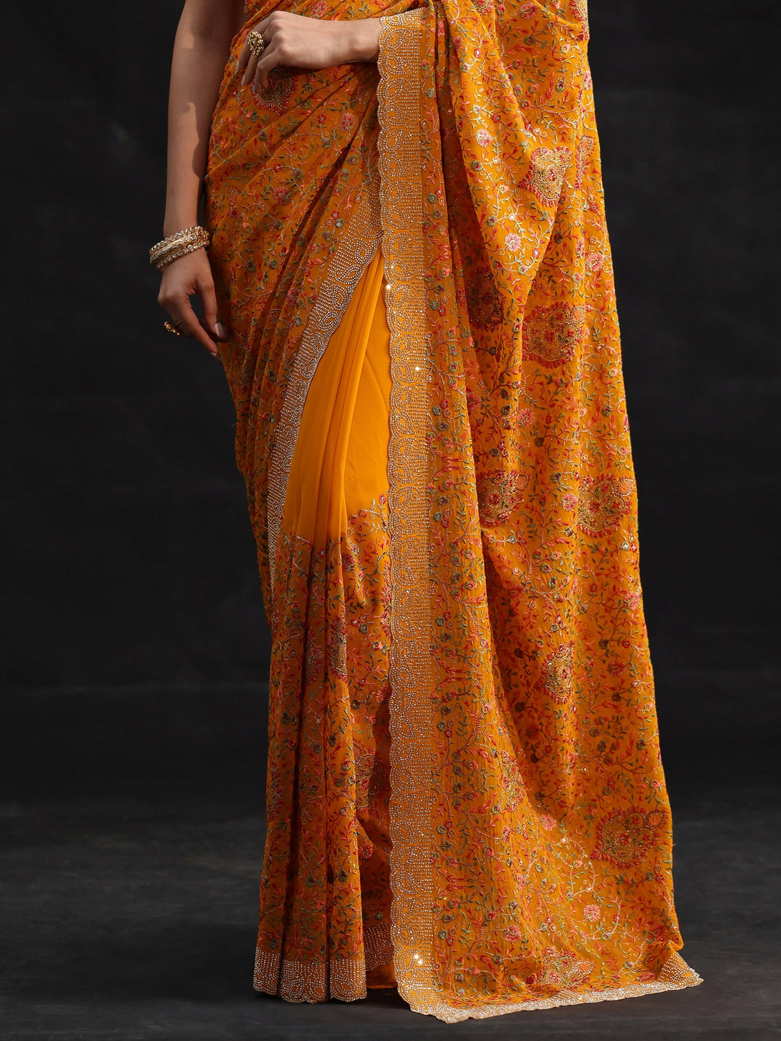 Mameraa Art Mustard Floral Embellished Georgette Saree