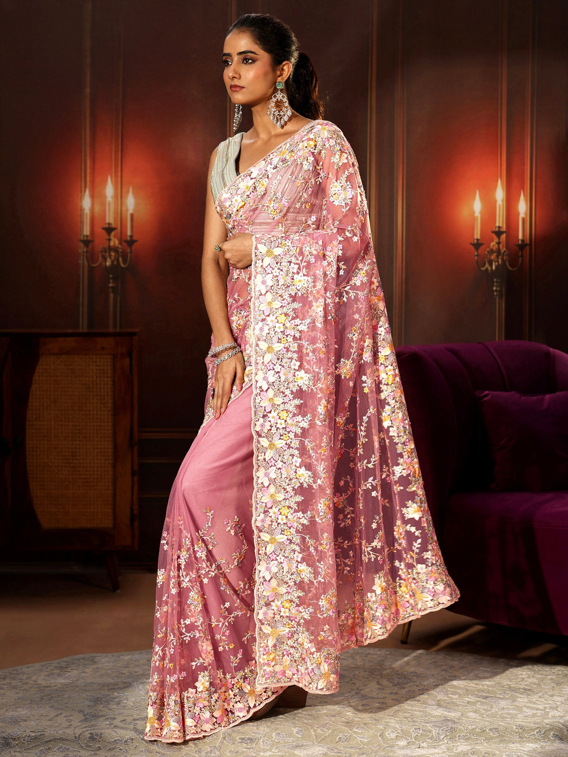 Mameraa Art Rose Pink Floral Embroidered Net Saree