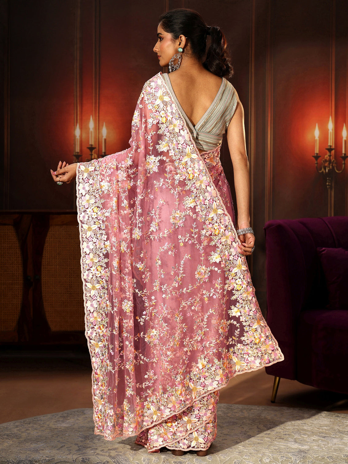 Mameraa Art Rose Pink Floral Embroidered Net Saree