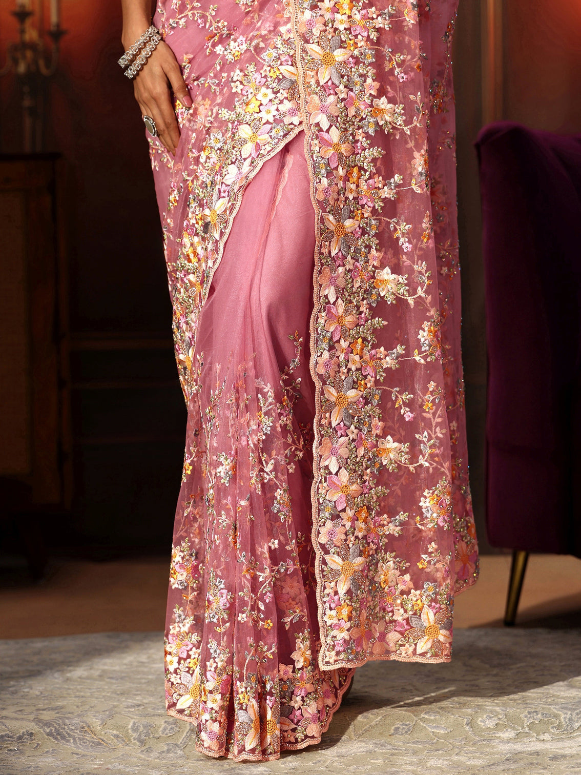 Mameraa Art Rose Pink Floral Embroidered Net Saree