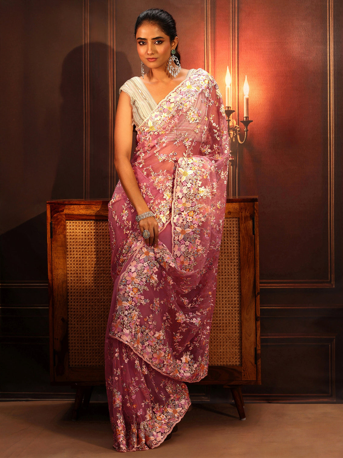 Mameraa Art Rose Pink Floral Embroidered Net Saree