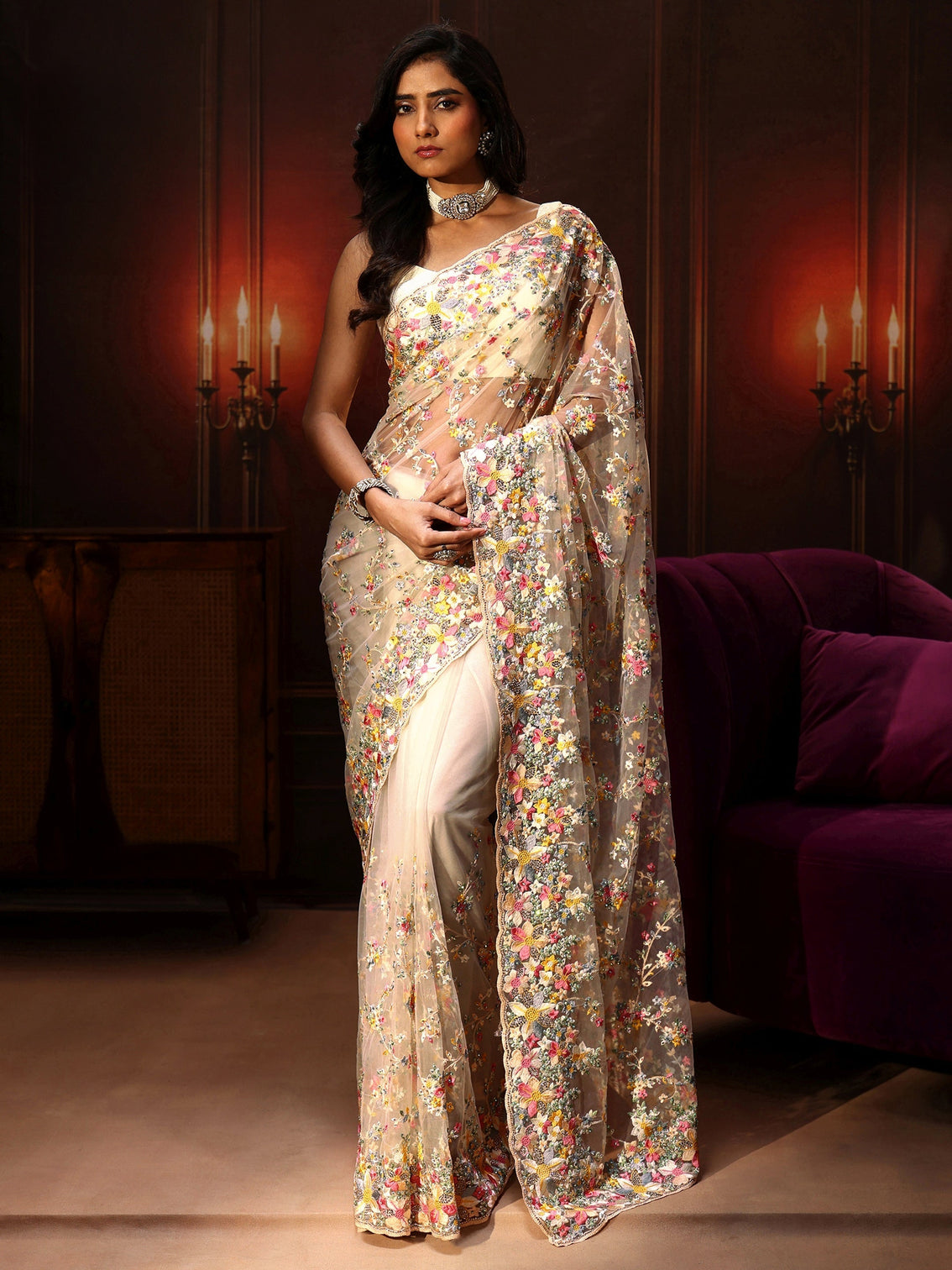Mameraa Art Cream Floral Embroidered Net Saree
