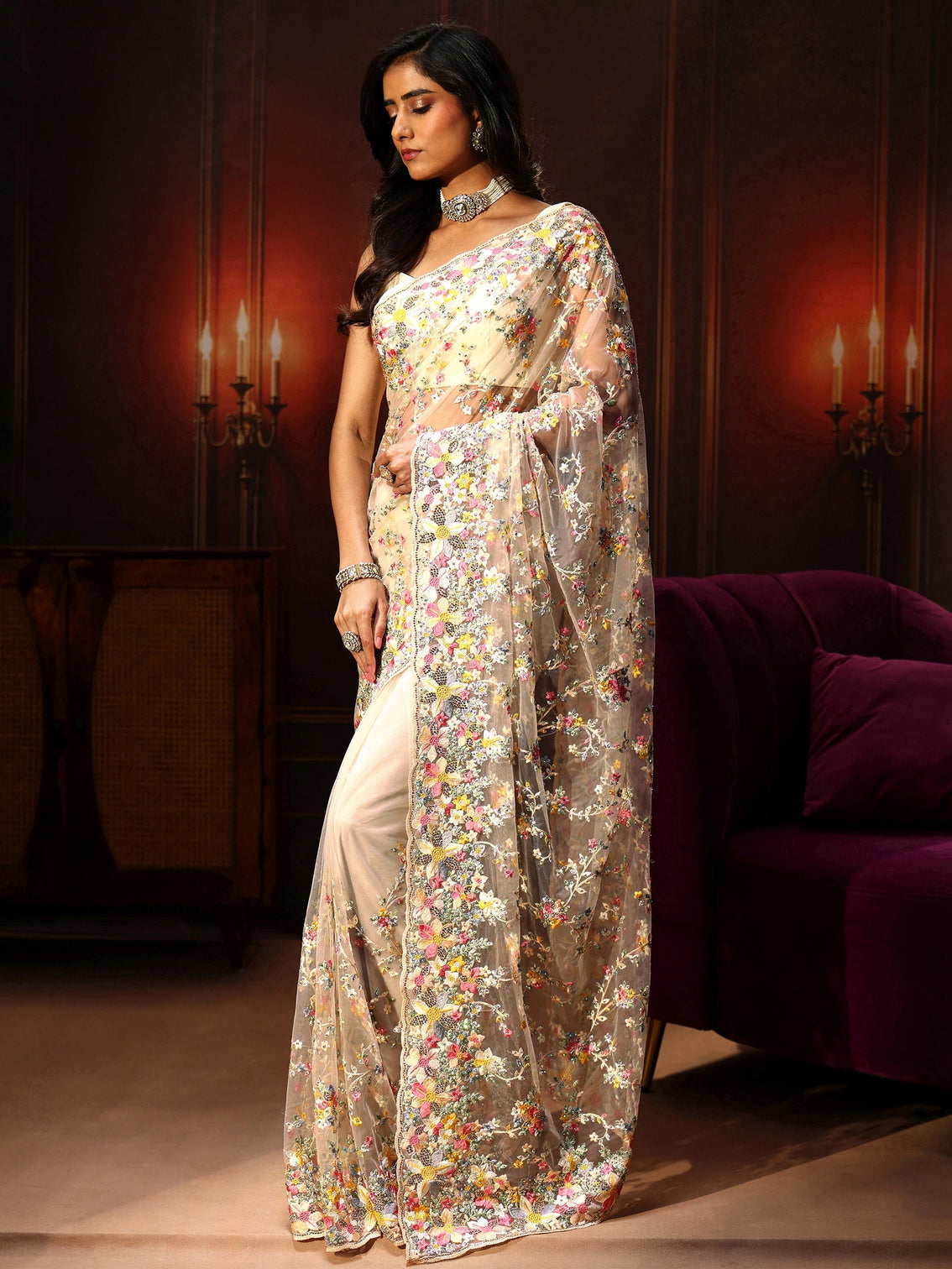 Mameraa Art Cream Floral Embroidered Net Saree