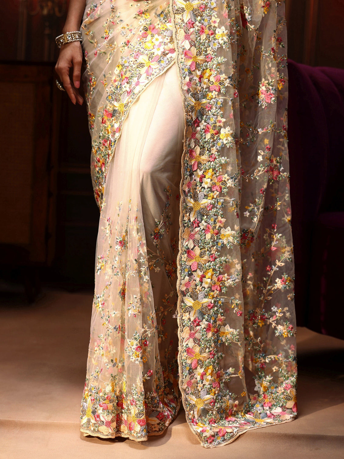 Mameraa Art Cream Floral Embroidered Net Saree